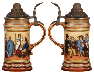 Three Mettlach steins, .5L, 2959, etched, inlaid lid, small chip on lower band; with, .5L, 1508, etched, original pewter lid, some interior browning, otherwise mint; with, .5L, 2057, etched, inlaid lid, mint.   - 3