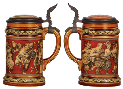 Three Mettlach steins, .5L, 2959, etched, inlaid lid, small chip on lower band; with, .5L, 1508, etched, original pewter lid, some interior browning, otherwise mint; with, .5L, 2057, etched, inlaid lid, mint.   - 4