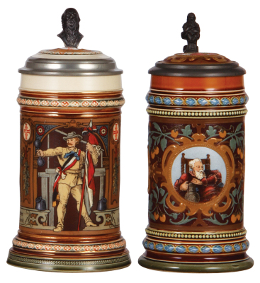 Two Mettlach steins, .5L, 1914, etched, inlaid lid, mint; with, .5L, 1999, etched, inlaid lid, mint.