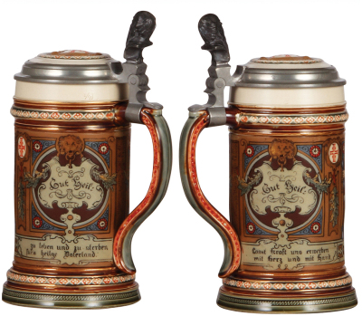 Two Mettlach steins, .5L, 1914, etched, inlaid lid, mint; with, .5L, 1999, etched, inlaid lid, mint. - 2