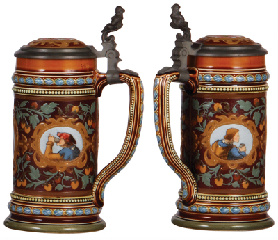 Two Mettlach steins, .5L, 1914, etched, inlaid lid, mint; with, .5L, 1999, etched, inlaid lid, mint. - 3