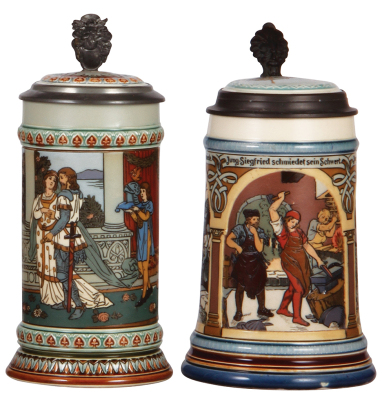 Two Mettlach steins, .5L, 2391, etched, inlaid lid, mint; with, .5L, 2394, etched, inlaid lid, mint.