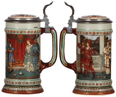 Two Mettlach steins, .5L, 2391, etched, inlaid lid, mint; with, .5L, 2394, etched, inlaid lid, mint. - 2