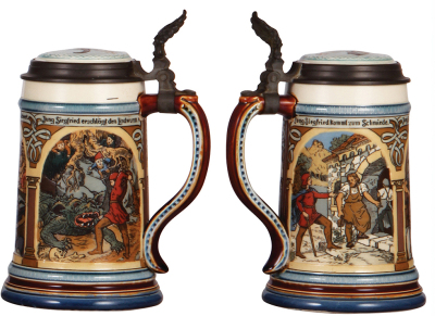 Two Mettlach steins, .5L, 2391, etched, inlaid lid, mint; with, .5L, 2394, etched, inlaid lid, mint. - 3