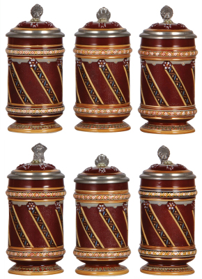 Six Mettlach steins, .25L, 1938, mosaic, inlaid lids, four mint, one inlay crack, one rim flake.