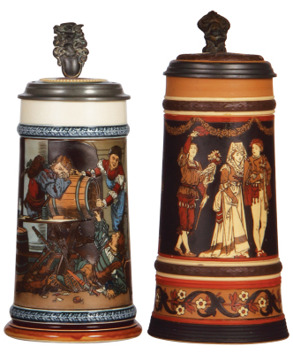 Two Mettlach steins, 1.0L, 2500, etched, inlaid lid, small factory flaw at edge of inlay, mint; with, 1.0L, 2255, Wedding, inlaid lid, mint.