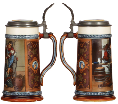 Two Mettlach steins, 1.0L, 2500, etched, inlaid lid, small factory flaw at edge of inlay, mint; with, 1.0L, 2255, Wedding, inlaid lid, mint. - 2