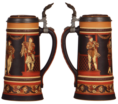 Two Mettlach steins, 1.0L, 2500, etched, inlaid lid, small factory flaw at edge of inlay, mint; with, 1.0L, 2255, Wedding, inlaid lid, mint. - 3