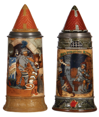 Two Mettlach steins, 1.0L, 2580, Die Kannenburg, by H. Schlitt & 1.0L, 2382, Thirsty Rider, by H. Schlitt, etched, inlaid lids, both mint.