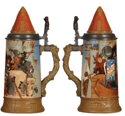 Two Mettlach steins, 1.0L, 2580, Die Kannenburg, by H. Schlitt & 1.0L, 2382, Thirsty Rider, by H. Schlitt, etched, inlaid lids, both mint. - 2