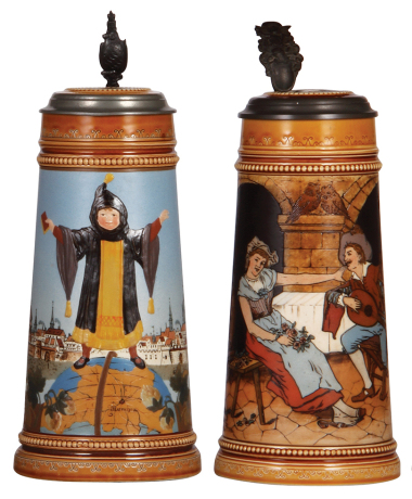 Two Mettlach steins, 1.0L, 2585, Munich Child, etched & decorated relief, and 1.0L, 2780, etched, inlaid lids, interior glaze browning of 2780 inlay, otherwise both mint.