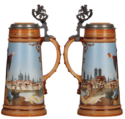 Two Mettlach steins, 1.0L, 2585, Munich Child, etched & decorated relief, and 1.0L, 2780, etched, inlaid lids, interior glaze browning of 2780 inlay, otherwise both mint. - 2