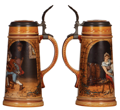 Two Mettlach steins, 1.0L, 2585, Munich Child, etched & decorated relief, and 1.0L, 2780, etched, inlaid lids, interior glaze browning of 2780 inlay, otherwise both mint. - 3