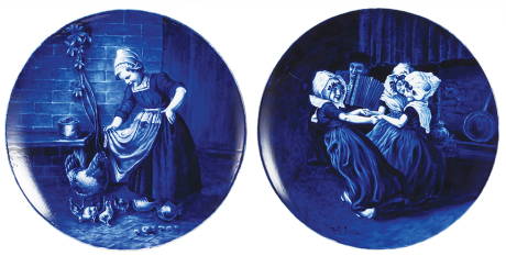 Two Mettlach plaques, 17.6" d., 5412 & 5416/1044, Delft, children, mint.