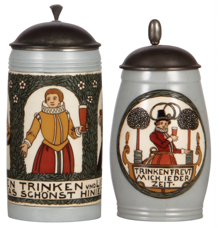 Two Mettlach steins, .5L, 3000, etched, by F. Ringer, pewter lid, mint; with, .5L, 3001, etched, by F. Ringer, pewter lid, mint.