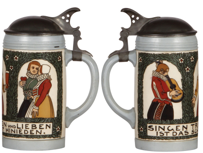 Two Mettlach steins, .5L, 3000, etched, by F. Ringer, pewter lid, mint; with, .5L, 3001, etched, by F. Ringer, pewter lid, mint. - 2