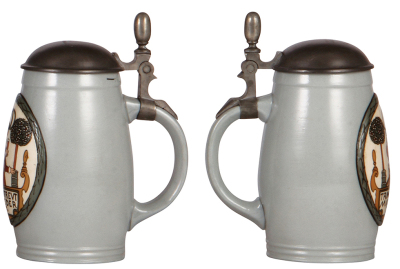 Two Mettlach steins, .5L, 3000, etched, by F. Ringer, pewter lid, mint; with, .5L, 3001, etched, by F. Ringer, pewter lid, mint. - 3