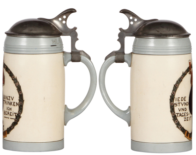 Two Mettlach steins, .5L, 3004, etched, by F. Ringer, pewter lid, mint; with, .5L, 3005, etched, by F. Ringer, pewter lid, mint. - 2