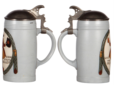 Two Mettlach steins, .5L, 3004, etched, by F. Ringer, pewter lid, mint; with, .5L, 3005, etched, by F. Ringer, pewter lid, mint. - 3