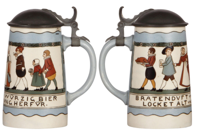 Two Mettlach steins, .5L, 3002, etched, by F. Ringer, pewter lid, mint; with,  .5L, 3003, etched, by F. Ringer, pewter lid, mint. - 2