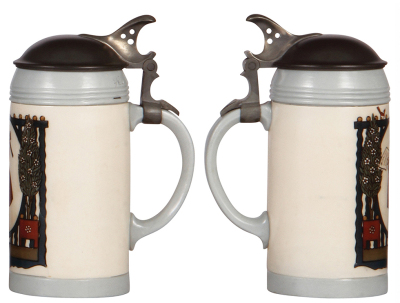 Two Mettlach steins, .5L, 3002, etched, by F. Ringer, pewter lid, mint; with,  .5L, 3003, etched, by F. Ringer, pewter lid, mint. - 3