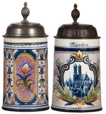 Two Mettlach steins, .5L, 5019, Faience, pewter lid, mint & .5L, Faience, 5013, München, pewter lid, mint.  