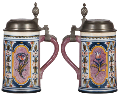 Two Mettlach steins, .5L, 5019, Faience, pewter lid, mint & .5L, Faience, 5013, München, pewter lid, mint.   - 2