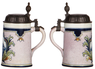 Two Mettlach steins, .5L, 5019, Faience, pewter lid, mint & .5L, Faience, 5013, München, pewter lid, mint.   - 3