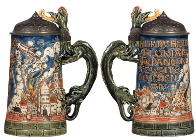 Two Mettlach steins, .5L, 1786, etched, St. Florian, pewter lid, mint; with, .5L, 2097, etched, inlaid lid, mint. - 2