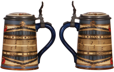 Two Mettlach steins, .5L, 1786, etched, St. Florian, pewter lid, mint; with, .5L, 2097, etched, inlaid lid, mint. - 3