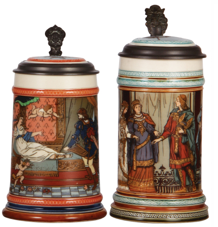 Two Mettlach steins, .5L, 2401, etched, inlaid lid, mint; with, .5L, 2402, etched, inlaid lid, mint.