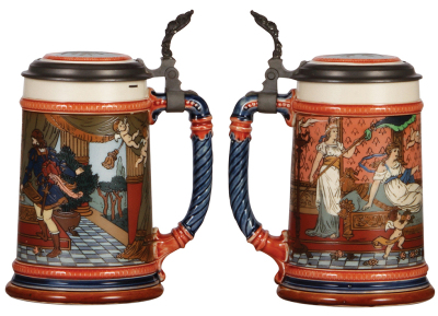 Two Mettlach steins, .5L, 2401, etched, inlaid lid, mint; with, .5L, 2402, etched, inlaid lid, mint. - 2