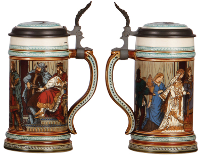 Two Mettlach steins, .5L, 2401, etched, inlaid lid, mint; with, .5L, 2402, etched, inlaid lid, mint. - 3