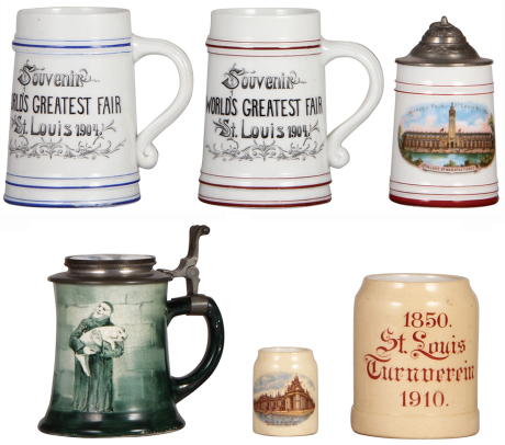Six Souvenir mugs and steins, 1/8L to .5L, five St. Louis World's Fair 1904 and one Turnverein 1910, first has lines and a chip on inlay, others are all mint.