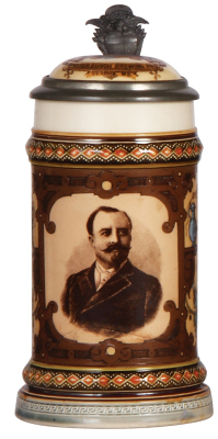 Mettlach stein, .5L, 2136, PUG & etched, Aldolphus Busch, Anheuser Busch Brewing Company, cracks re-glued around base, bottom of handle & lower portion of front scene.            