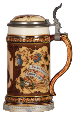 Mettlach stein, .5L, 2136, PUG & etched, Aldolphus Busch, Anheuser Busch Brewing Company, cracks re-glued around base, bottom of handle & lower portion of front scene.             - 2