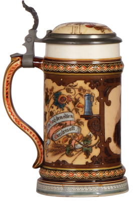 Mettlach stein, .5L, 2136, PUG & etched, Aldolphus Busch, Anheuser Busch Brewing Company, cracks re-glued around base, bottom of handle & lower portion of front scene.             - 3