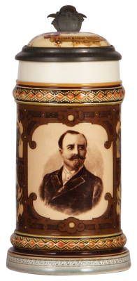 Mettlach stein, .5L, 2136, PUG & etched, Aldolphus Busch, Anheuser Busch Brewing Company, inlay cracks, small top rim chip.