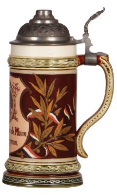 Mettlach stein, .5L, 1048 [1861], PUG & etched, Gambrinus, pewter lid, mint.  - 2