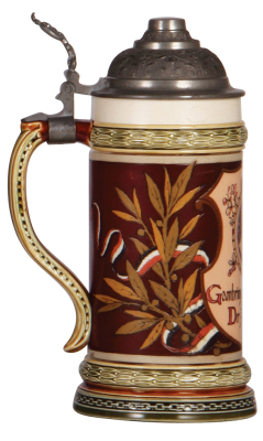 Mettlach stein, .5L, 1048 [1861], PUG & etched, Gambrinus, pewter lid, mint.  - 3