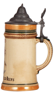 Pottery stein, .3L, transfer & hand-painted, marked 6, A.B.C., St. Louis, King of All Bottled Beers, pewter lid, mint. - 2