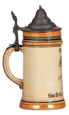 Pottery stein, .3L, transfer & hand-painted, marked 6, A.B.C., St. Louis, King of All Bottled Beers, pewter lid, mint. - 3