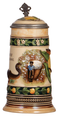 Pottery stein, .5L, relief, transfer & hand-painted, #6007, Souvenir of New Orleans, inlaid lid, mint.