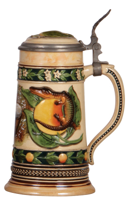 Pottery stein, .5L, relief, transfer & hand-painted, #6007, Souvenir of New Orleans, inlaid lid, mint. - 2