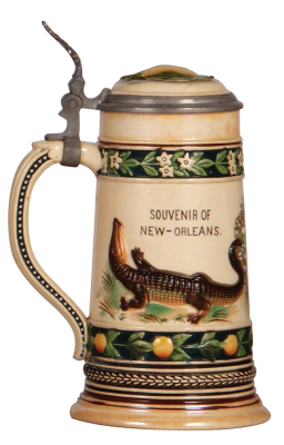 Pottery stein, .5L, relief, transfer & hand-painted, #6007, Souvenir of New Orleans, inlaid lid, mint. - 3