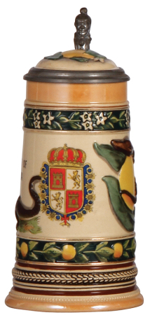 Pottery stein, .5L, relief, marked 6007, by Marzi & Remy, Souvenir of Florida, inlaid lid, mint. 