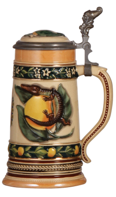 Pottery stein, .5L, relief, marked 6007, by Marzi & Remy, Souvenir of Florida, inlaid lid, mint.  - 2