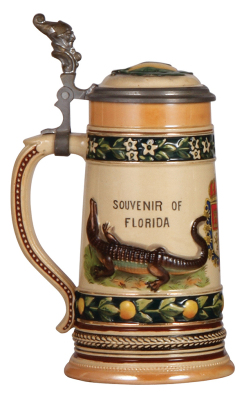 Pottery stein, .5L, relief, marked 6007, by Marzi & Remy, Souvenir of Florida, inlaid lid, mint.  - 3