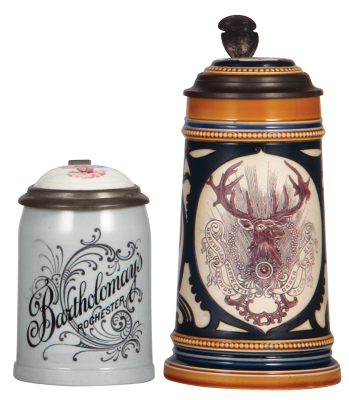 Two Mettlach steins, .4L, 1909, PUG, Bartholomay's Rochester N.Y., inlaid lid, interior browning, otherwise mint; with, .5L, 2936, etched, B.P.O.E., inlaid lid, mint.