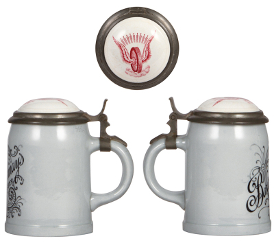 Two Mettlach steins, .4L, 1909, PUG, Bartholomay's Rochester N.Y., inlaid lid, interior browning, otherwise mint; with, .5L, 2936, etched, B.P.O.E., inlaid lid, mint. - 2